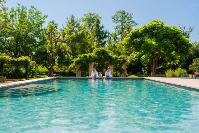 Piscine extérieure du Château de Germigney entourée d’un parc arboré et d’une pergola végétalisée